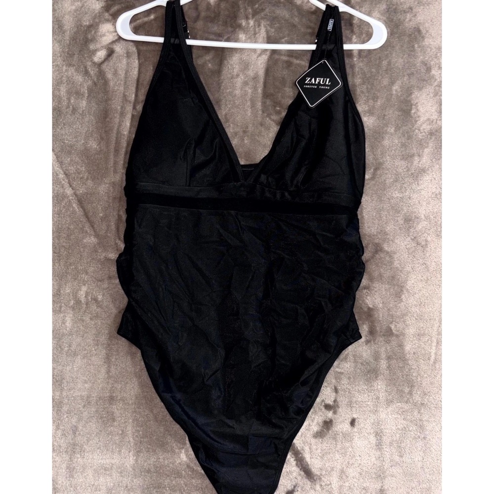 Zaful One Piece Swimsuit Women Large Black Mesh Stretch‎ Deep V-Neck